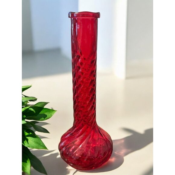 Vintage Ruby Red Glass Bud Vase With Swirl Design - Picture 3 of 6